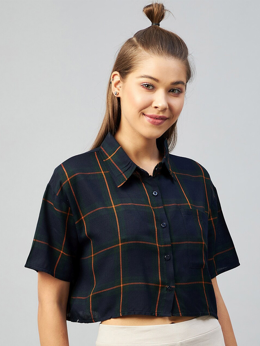 CHIMPAAANZEE Women Navy Blue Relaxed Boxy Tartan Checks Checked Casual Shirt