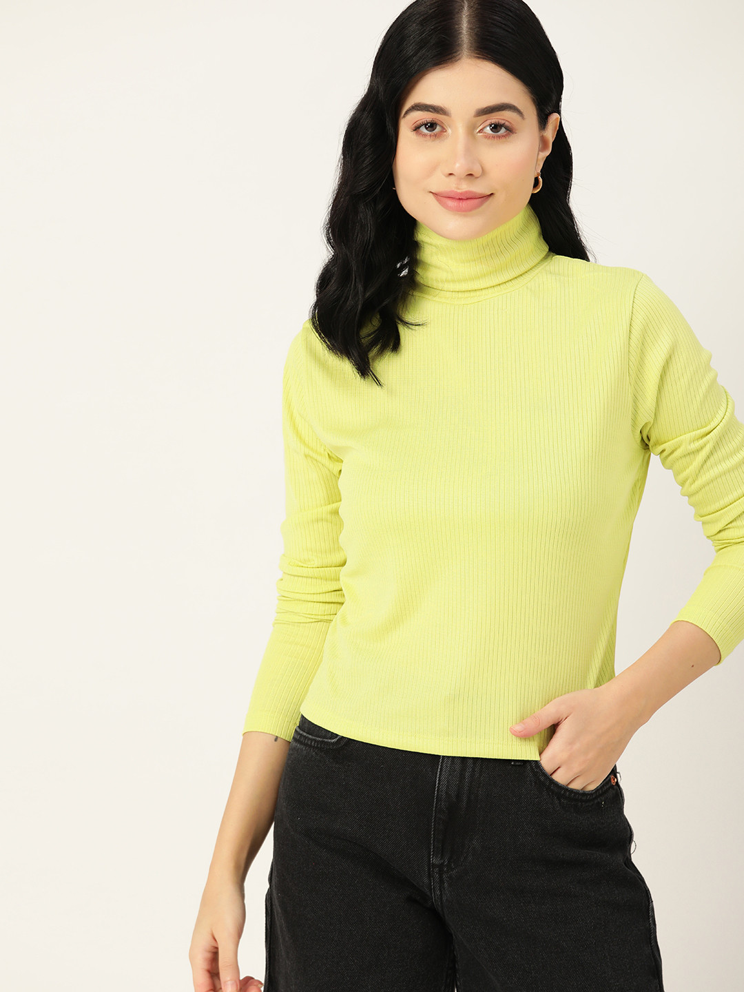 DressBerry Lime Green Turtle Neck Knitted Ribbed Top