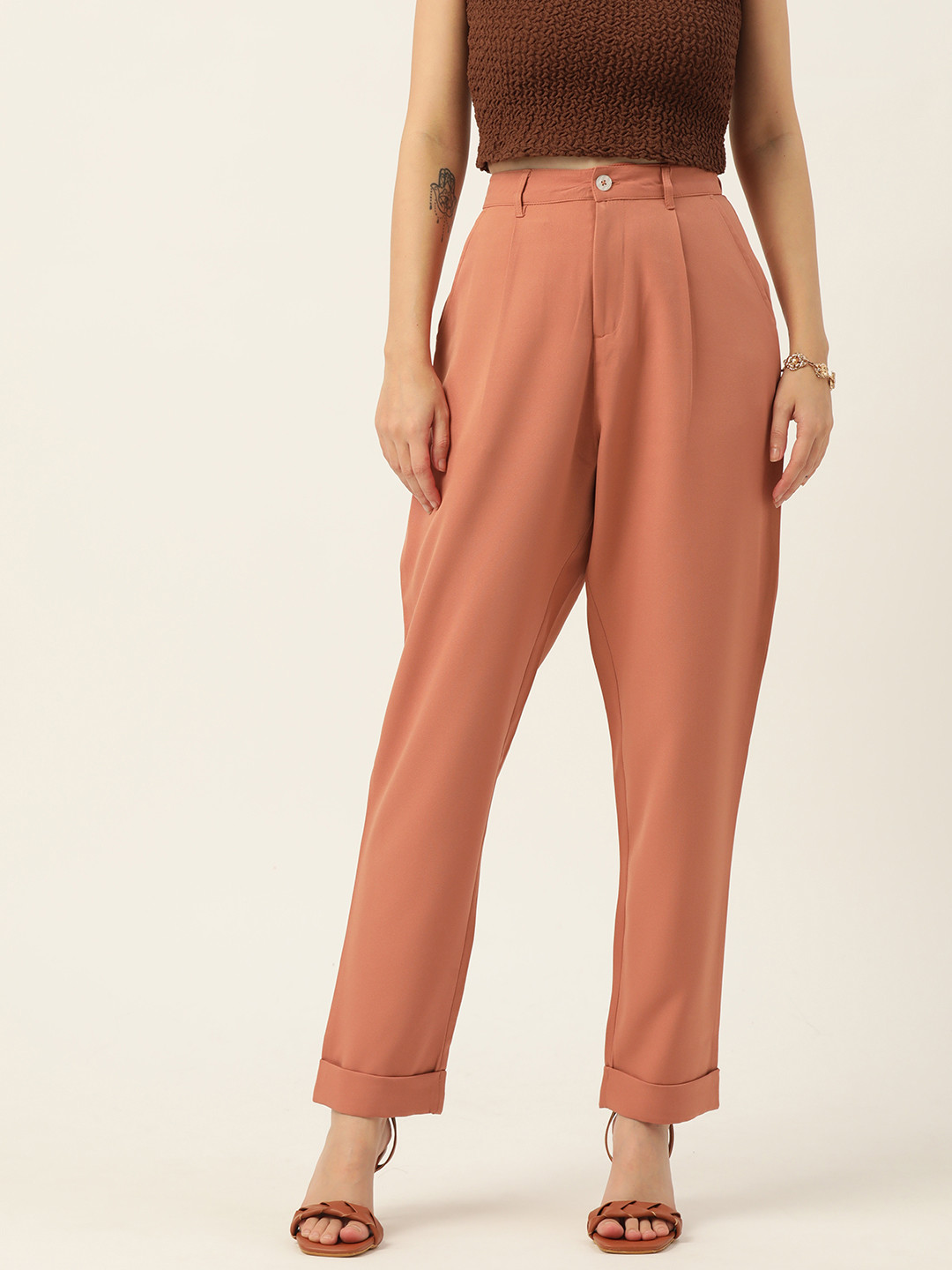 DressBerry Women Dusty Pink Solid Pleated Trousers