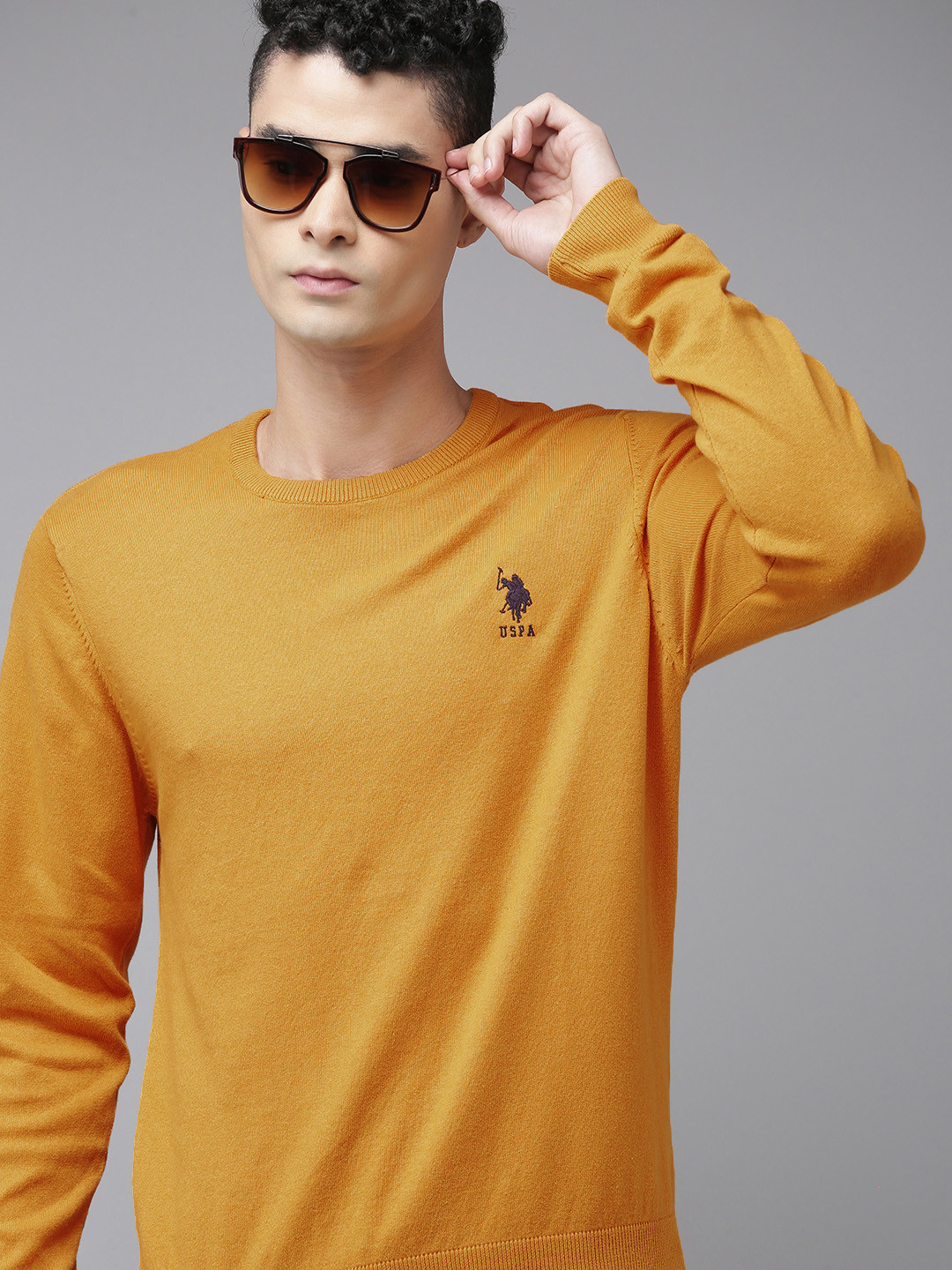 U S Polo Assn Men Mustard Long Sleeves Pullover with Embroidered Detail