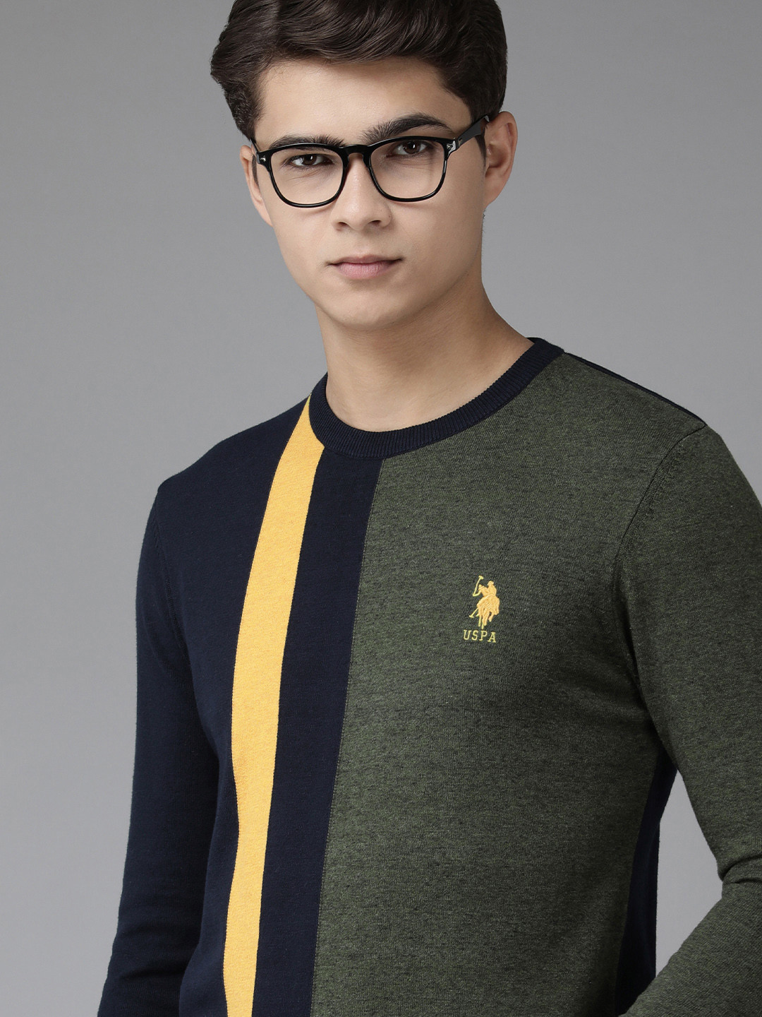 U.S. Polo Assn. Men Navy Blue & Olive Green Colourblocked Pullover With Minimal Striped