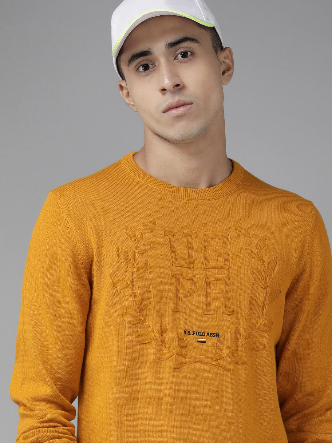 U S Polo Assn Men Mustard Yellow Debossed Pure Cotton Pullover Sweater