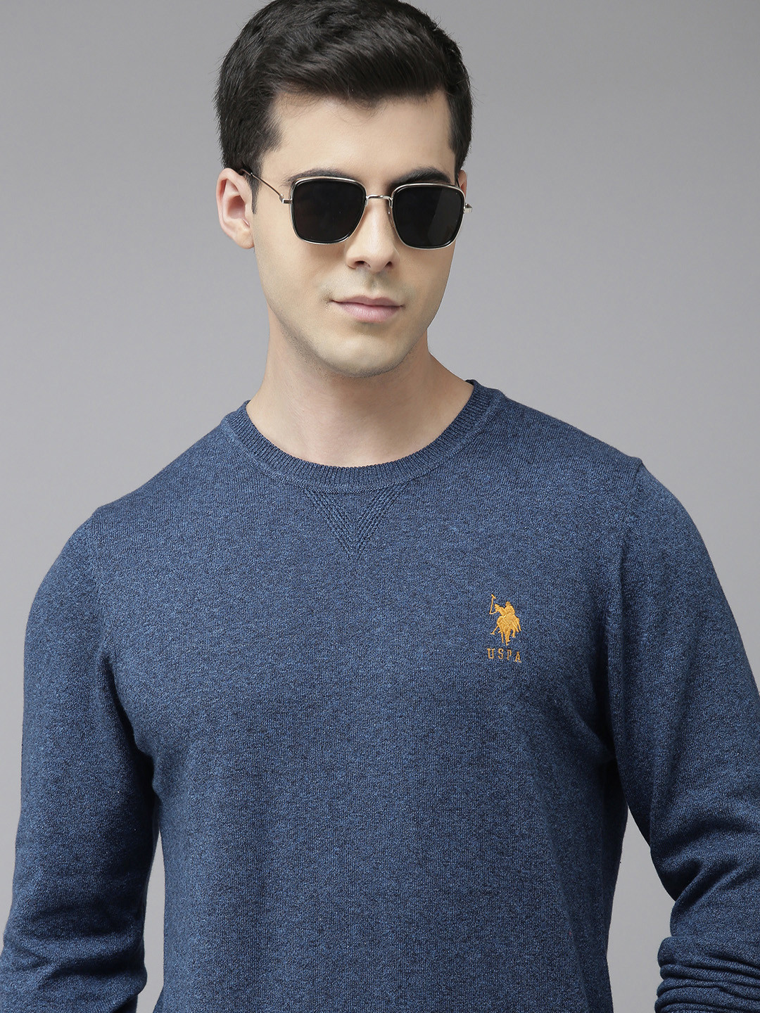 U S Polo Assn Men Blue Pure Cotton Pullover with Embroidered Detail Sweater