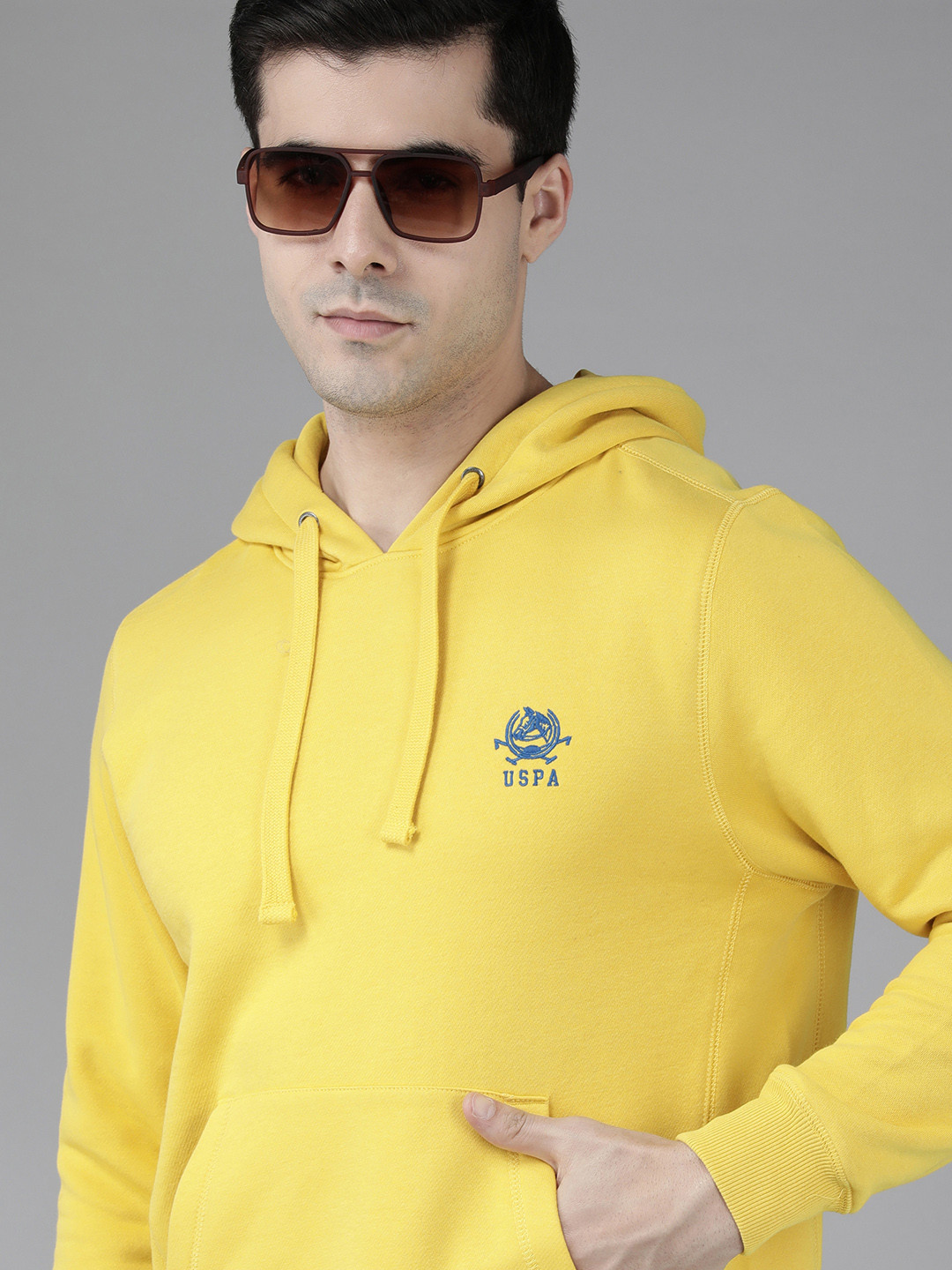 U S Polo Assn Men Yellow Brand Logo Embroidered Hooded Sweatshirt