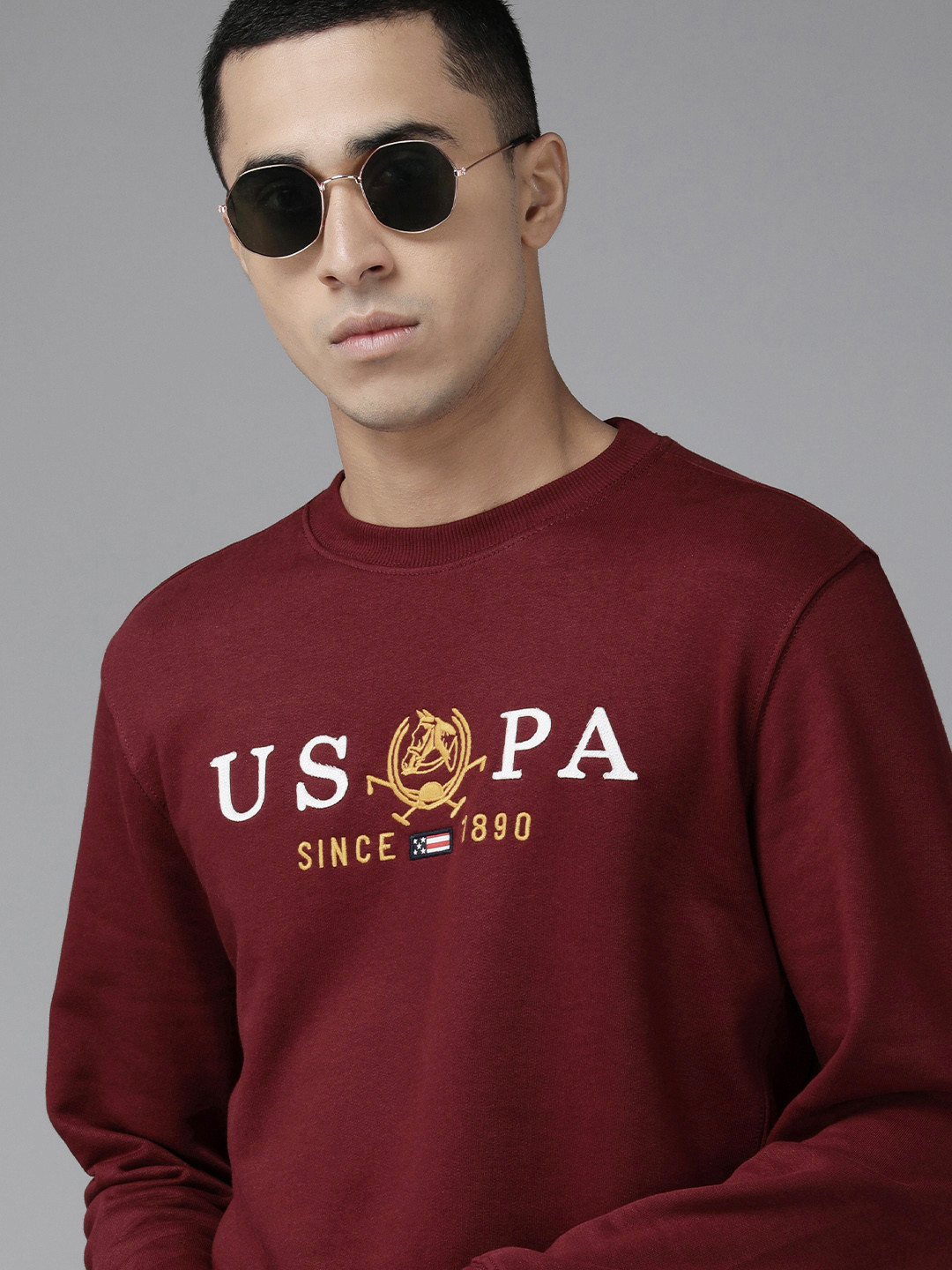U S Polo Assn Men Maroon Embroidered Pure Cotton Sweatshirt