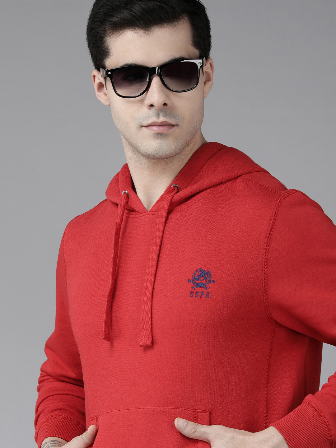 U S Polo Assn Men Red Brand Logo Embroidered Hooded Sweatshirt