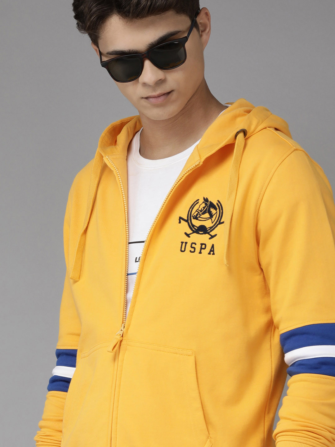 U S Polo Assn Men Yellow Hooded Pure Cotton Sweatshirt