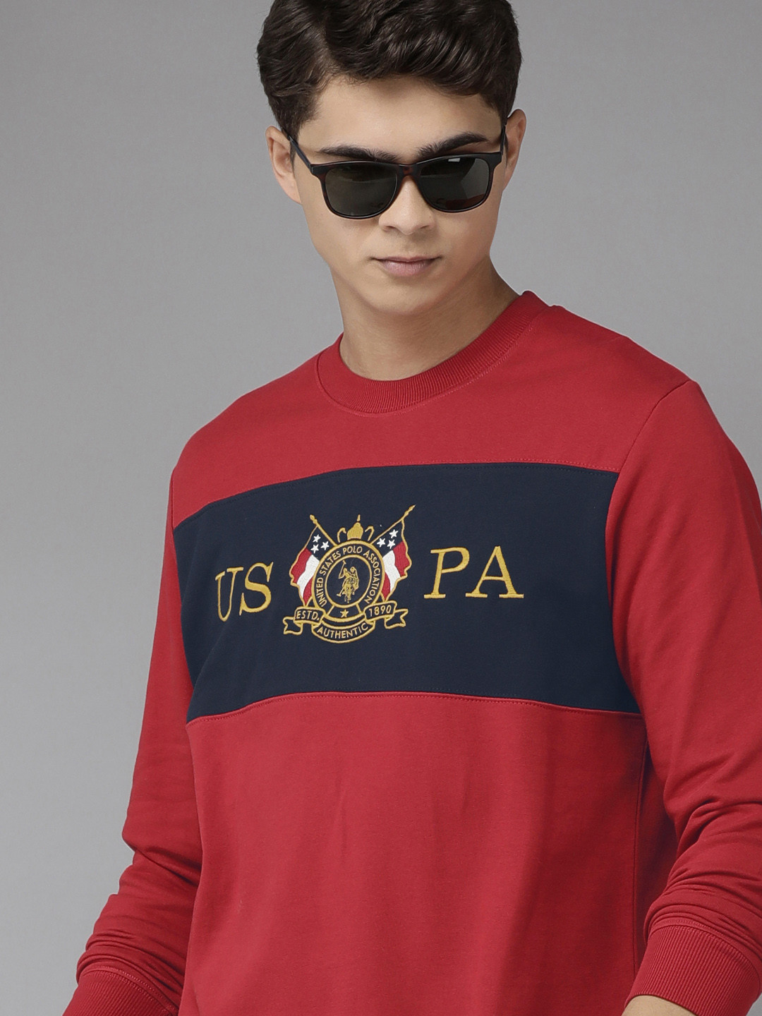U S Polo Assn Men Red Brand Logo Printed Colourblocked Pure Cotton Sweatshirt