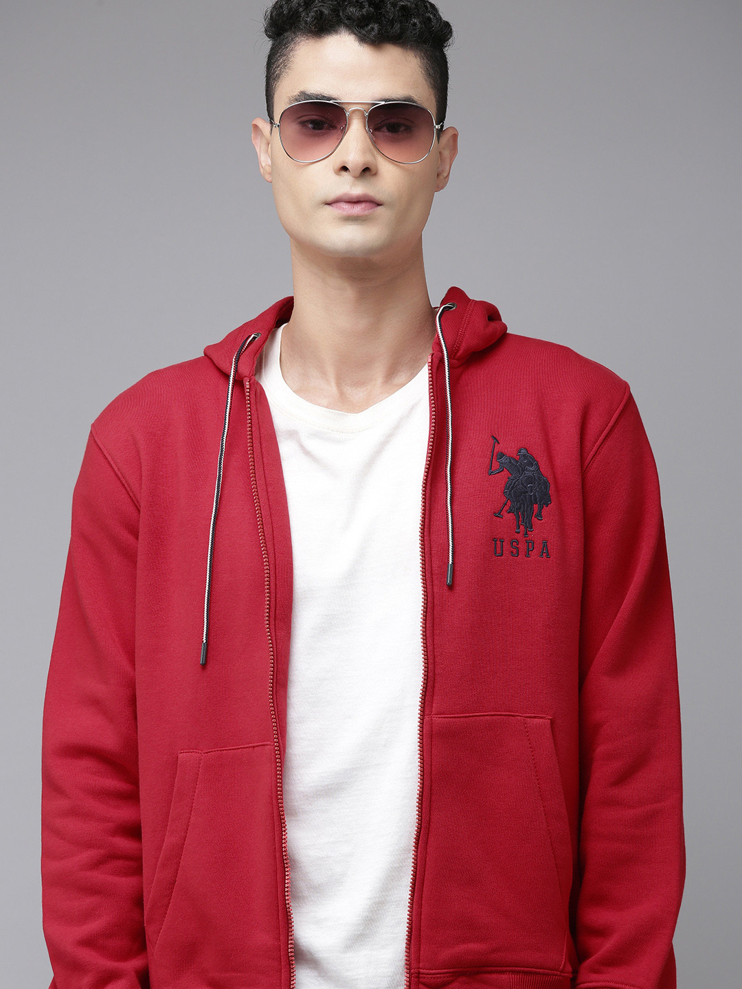 U S Polo Assn Men Red Hooded Full Sleeves Front Open Sweatshirt