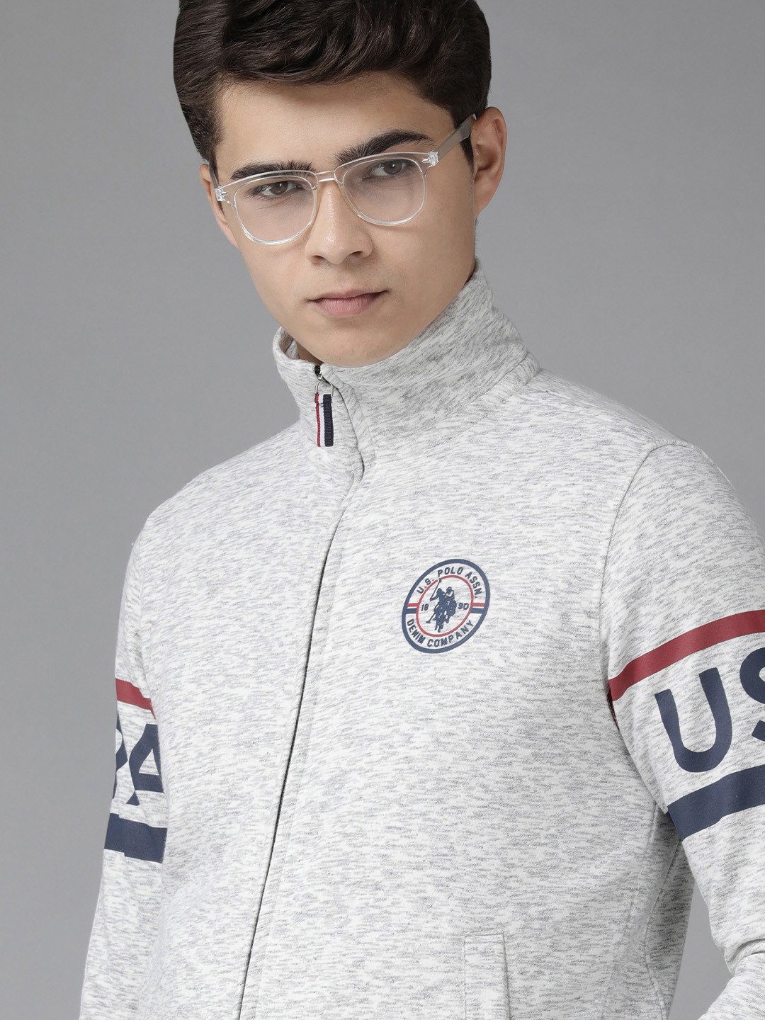 U S Polo Assn Denim Co Men Grey Full Sleeve Front Open High Neck Sweatshirt