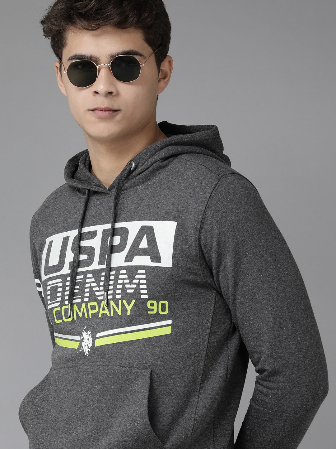 U.S. Polo Assn. Denim Co. Men Charcoal Grey Melange Brand Logo Print Hooded Sweatshirt