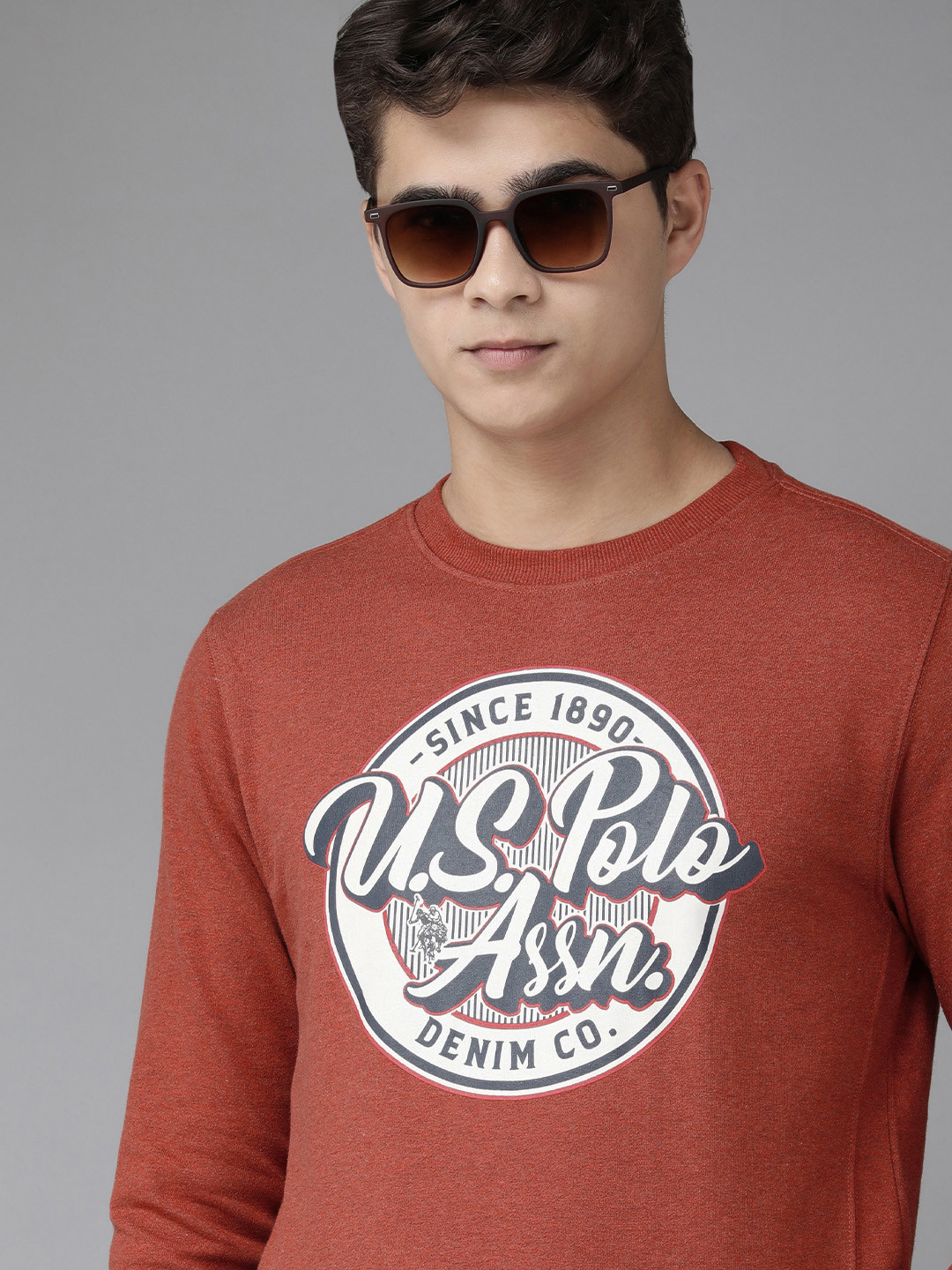 U S Polo Assn Denim Co Men Rust Full Sleeve Round Neck Printed Sweatshirt
