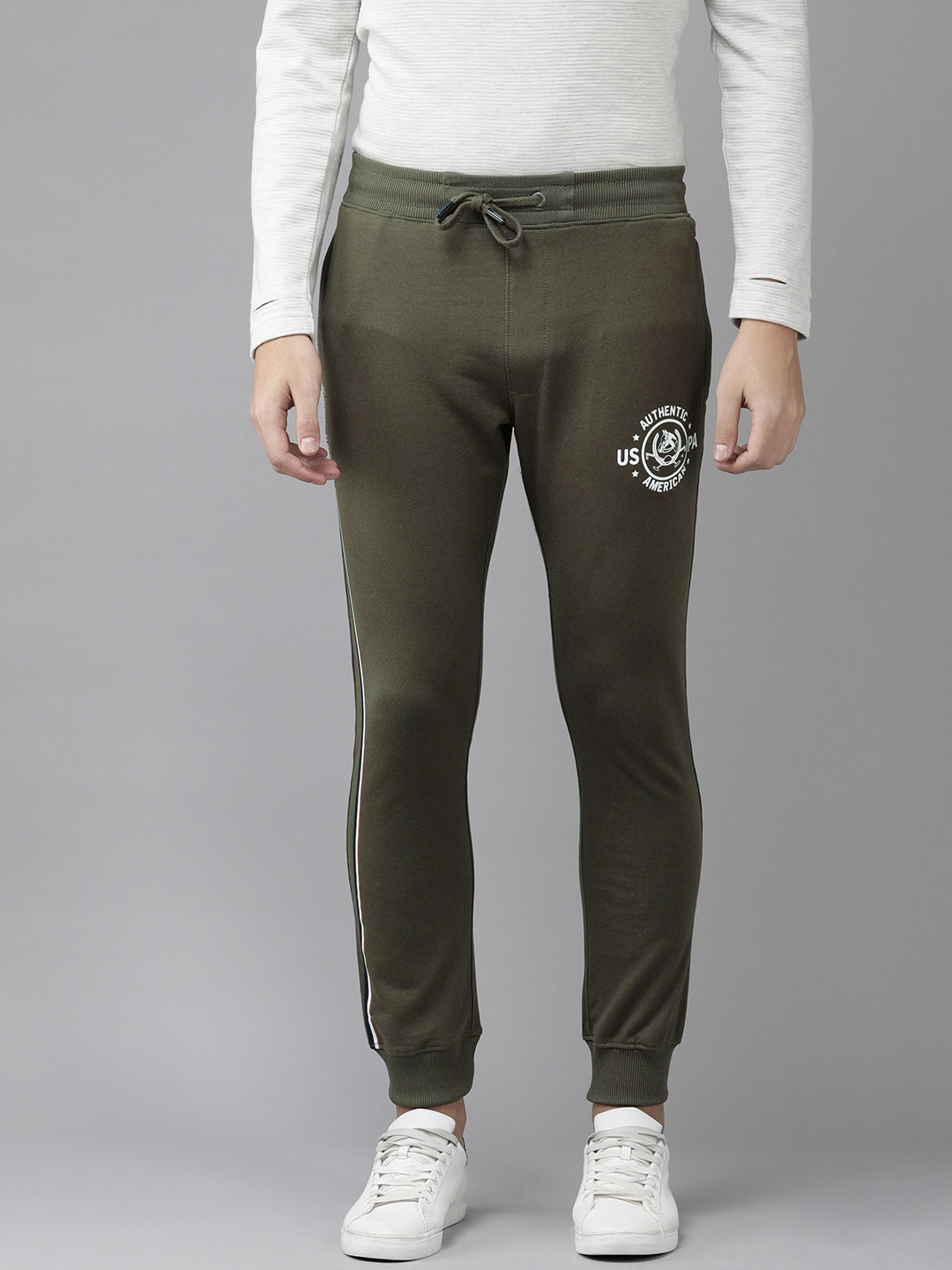 U.S. Polo Assn. Denim Co. Men Olive Green Solid Mid-Rise Knitted Joggers With Side Taping