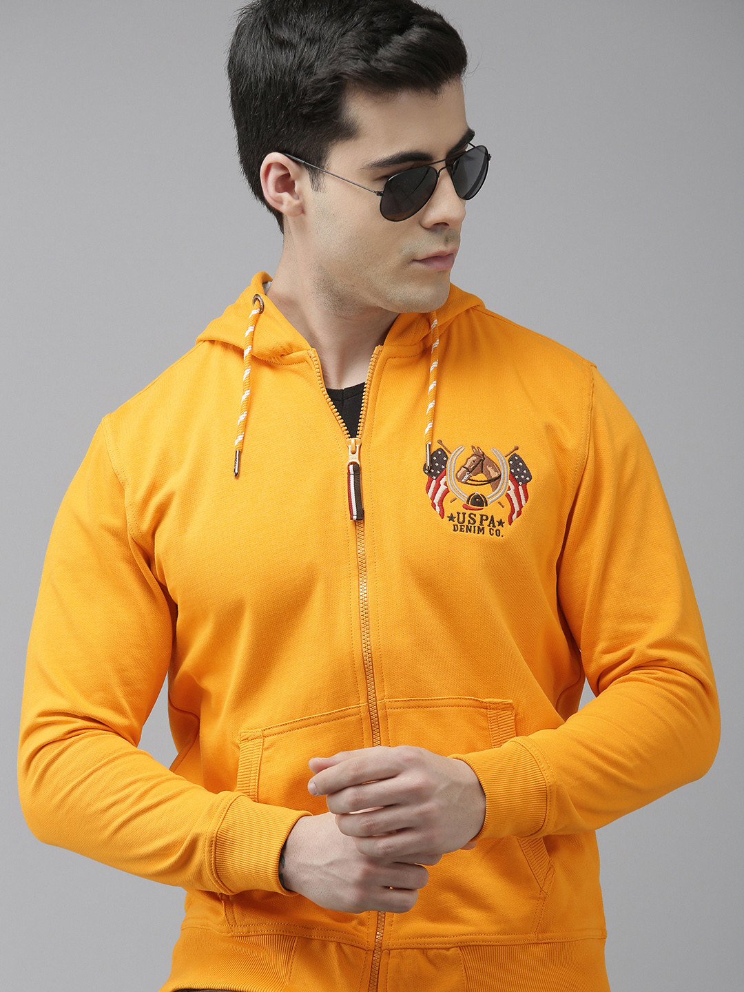 U S Polo Assn Denim Co Men Mustard Hooded Brand Logo Sweatshirt