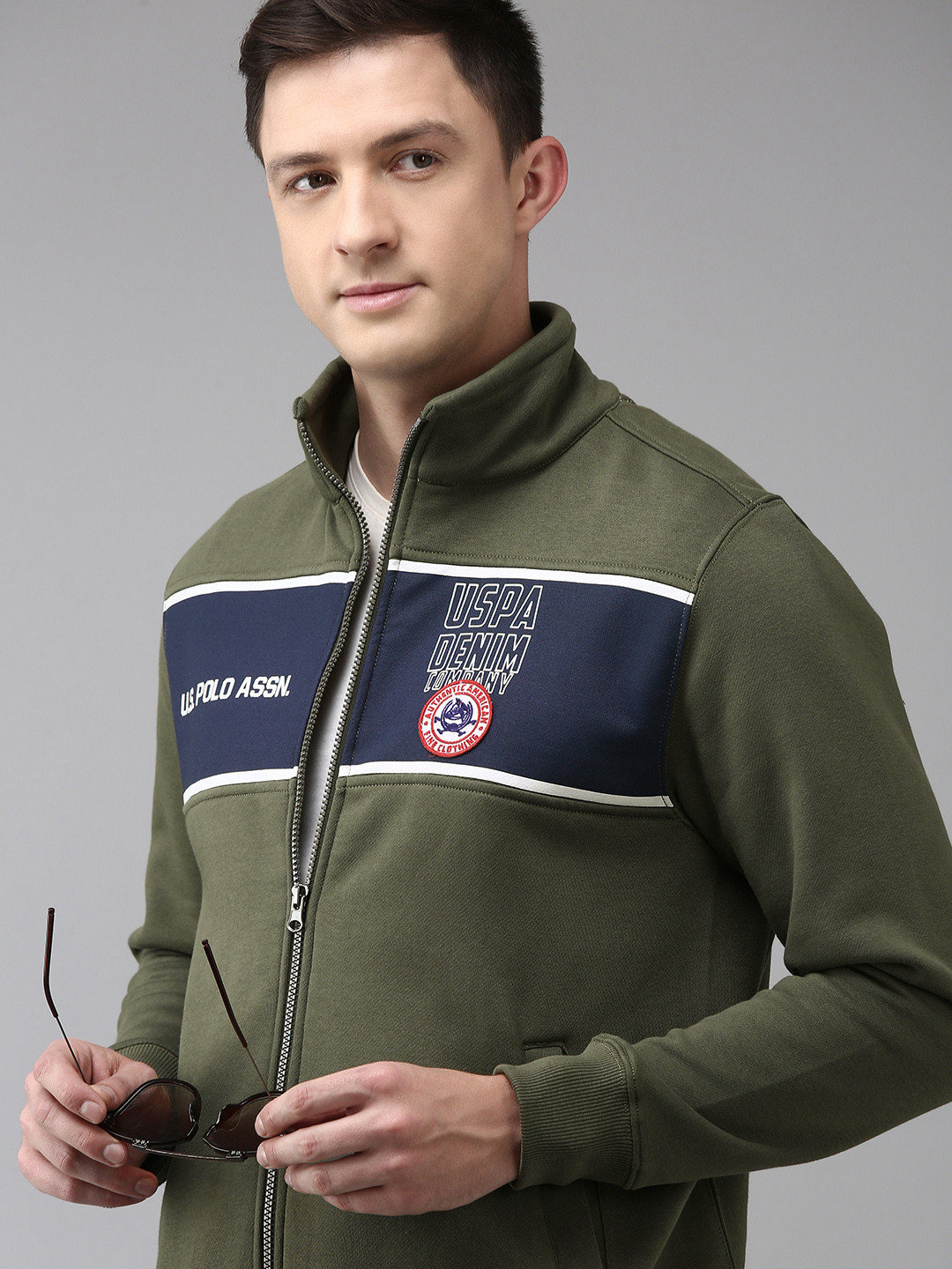 U.S. Polo Assn. Denim Co. Men Olive Green & Navy Blue Colourblock Printed Sweatshirt