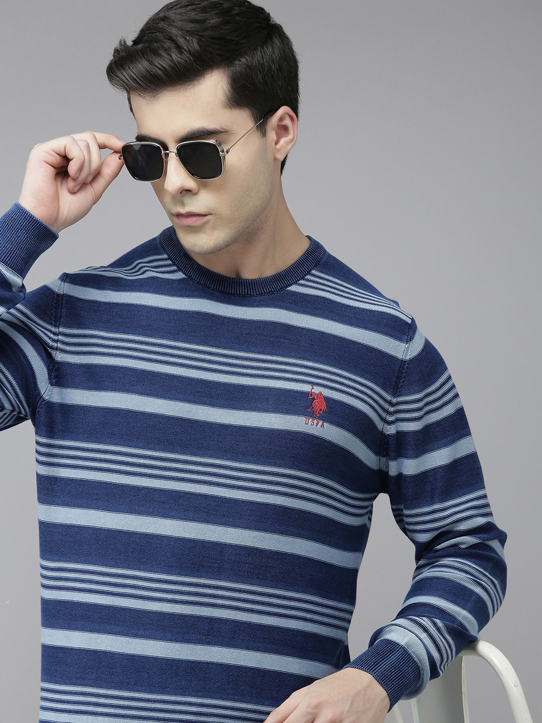 U S Polo Assn Denim Co Men Blue Striped Pullover Sweater
