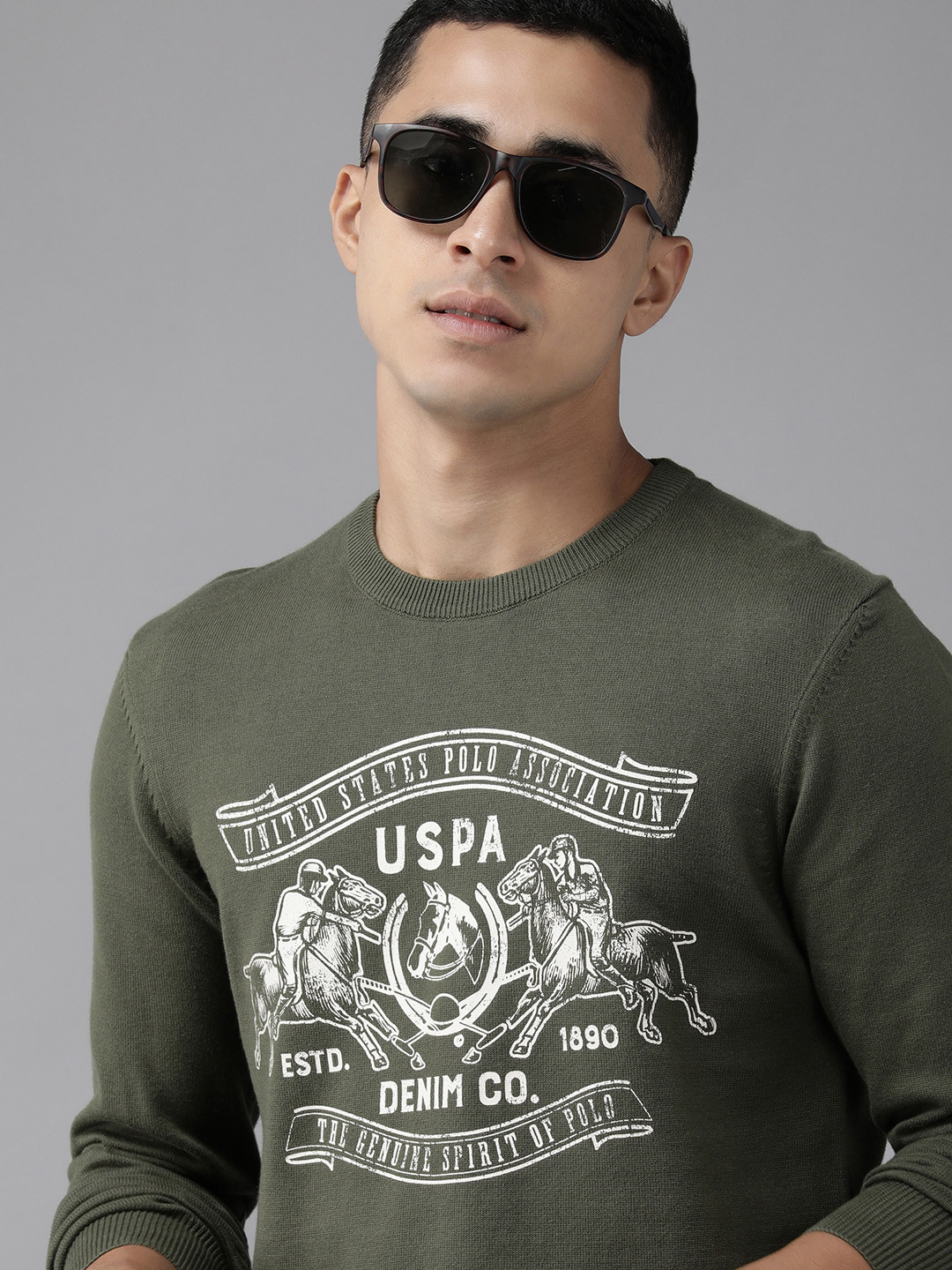 U S Polo Assn Denim Co Men Olive Green Printed Pullover