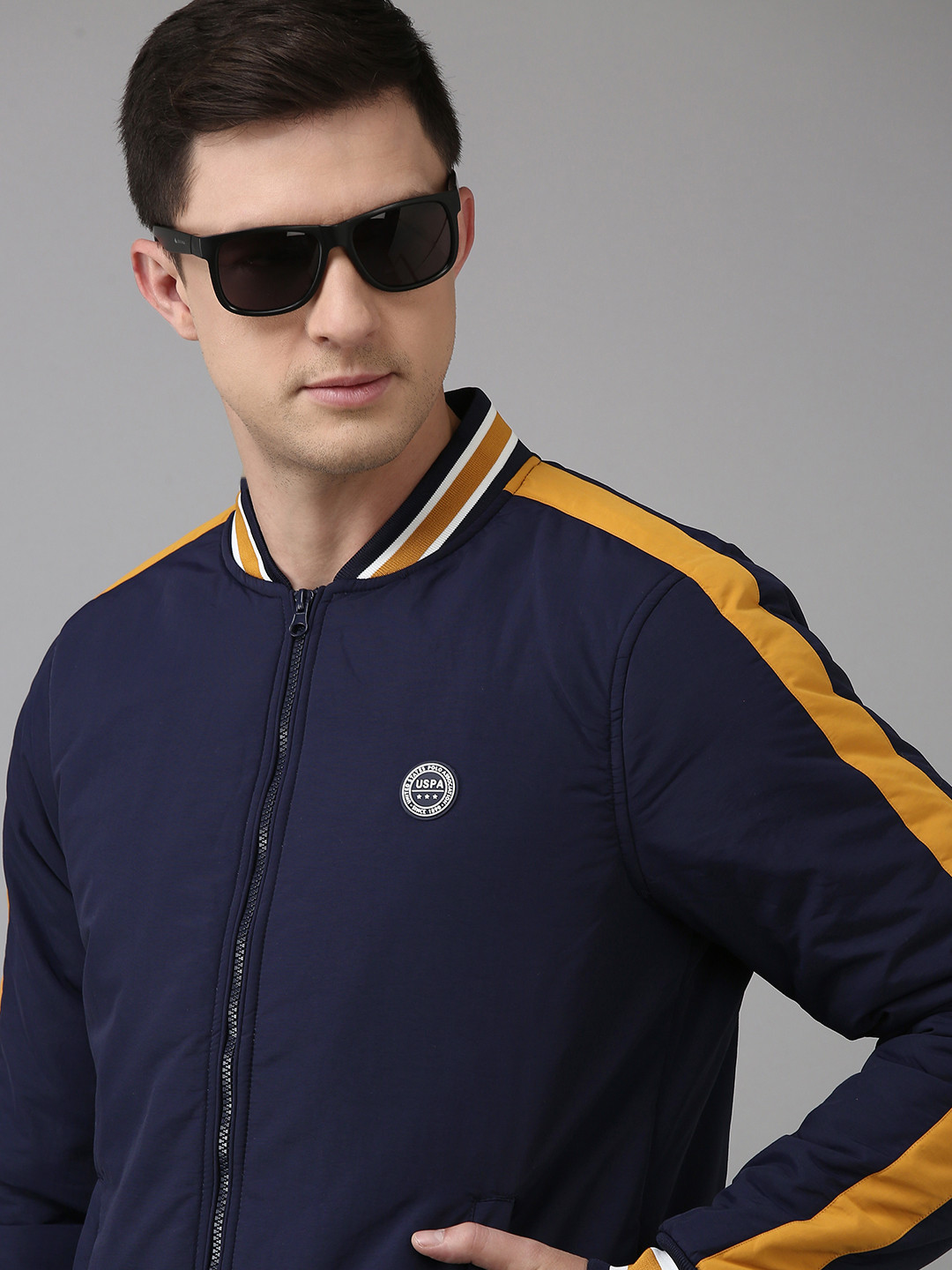 U S Polo Assn Men Navy Blue Solid Stand-Collar Bomber Jacket With Side Stripes