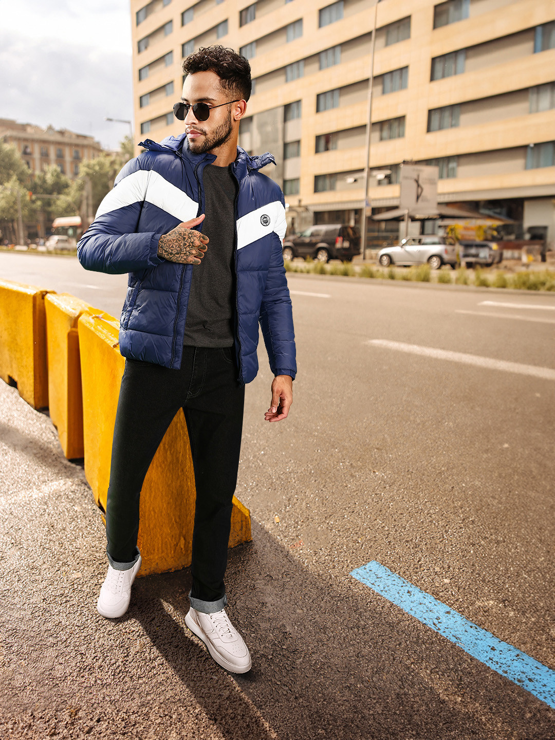 U S Polo Assn Men Blue & White Colourblocked Long Sleeves Puffer Jacket