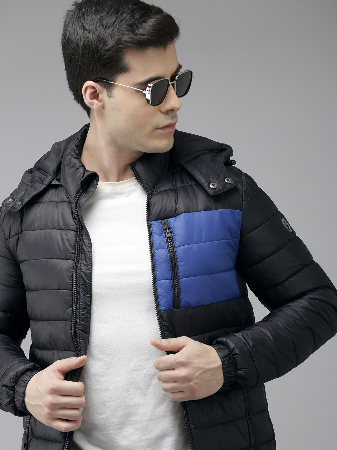 U S Polo Assn Men Black And Blue Colourblocked Hooded Puffer Jacket