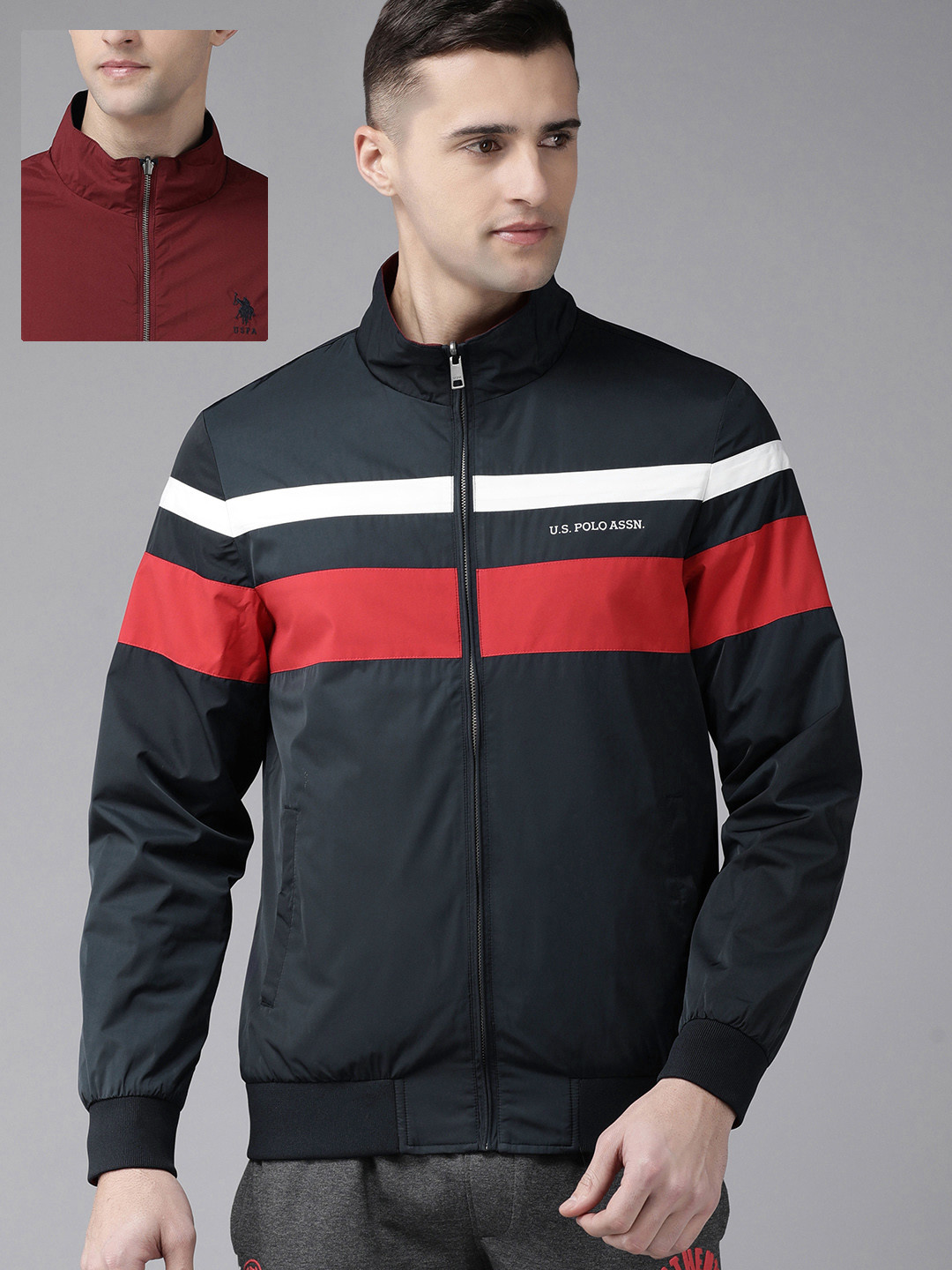 U.S. Polo Assn. Men Red Navy Blue Solid Reversible Open Front Jacket