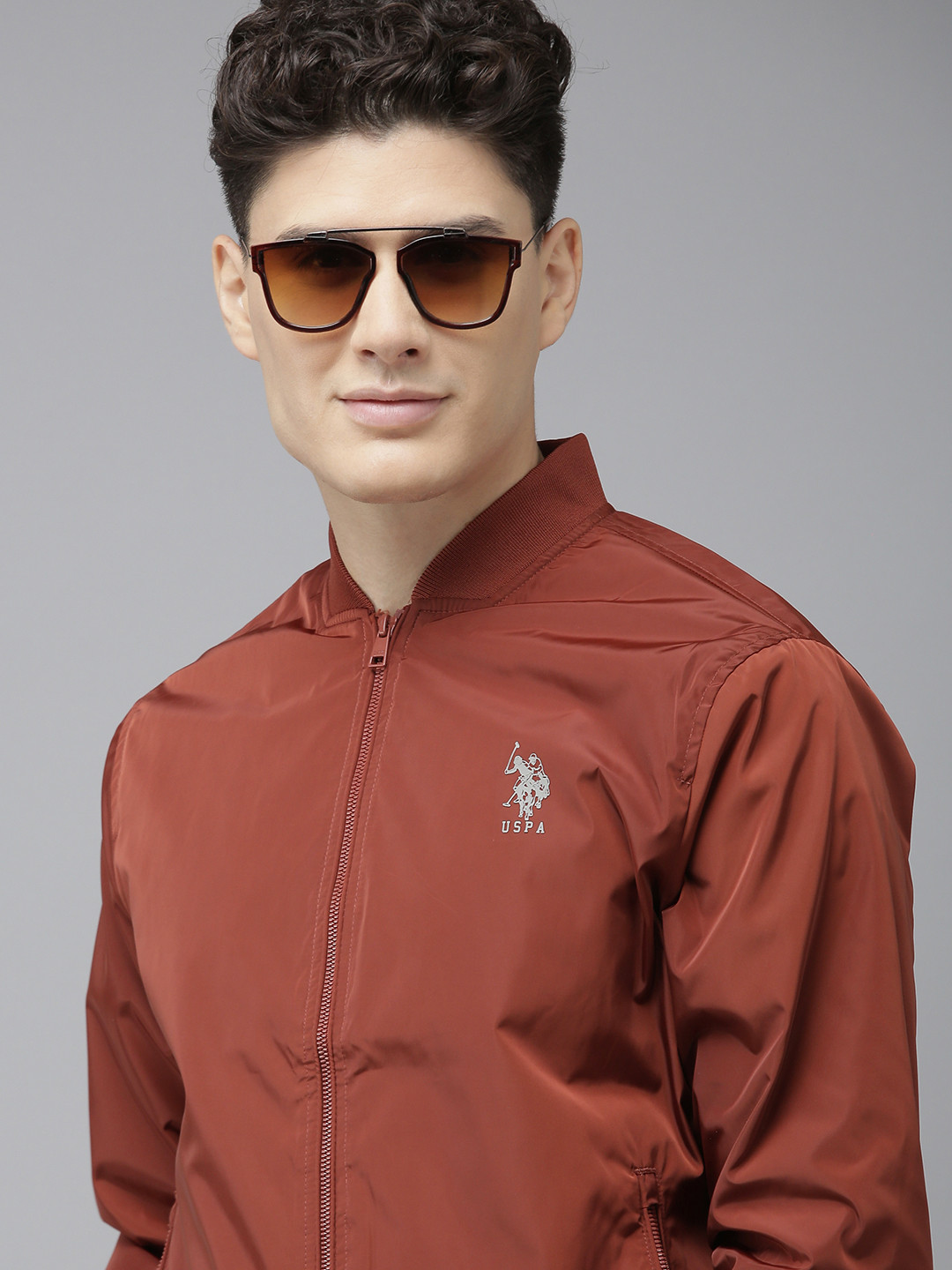 U S Polo Assn Men Rust Brand Logo Printed Long Sleeves Bomber Jacket