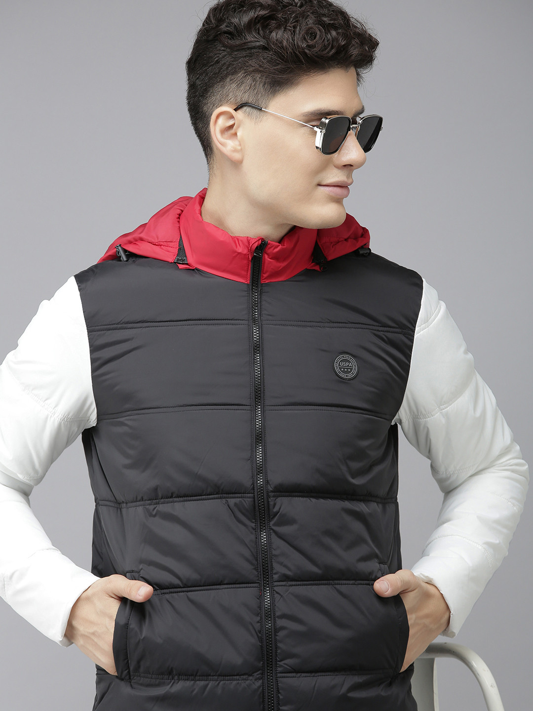 U S Polo Assn Men Black & White Colourblocked Puffer Jacket