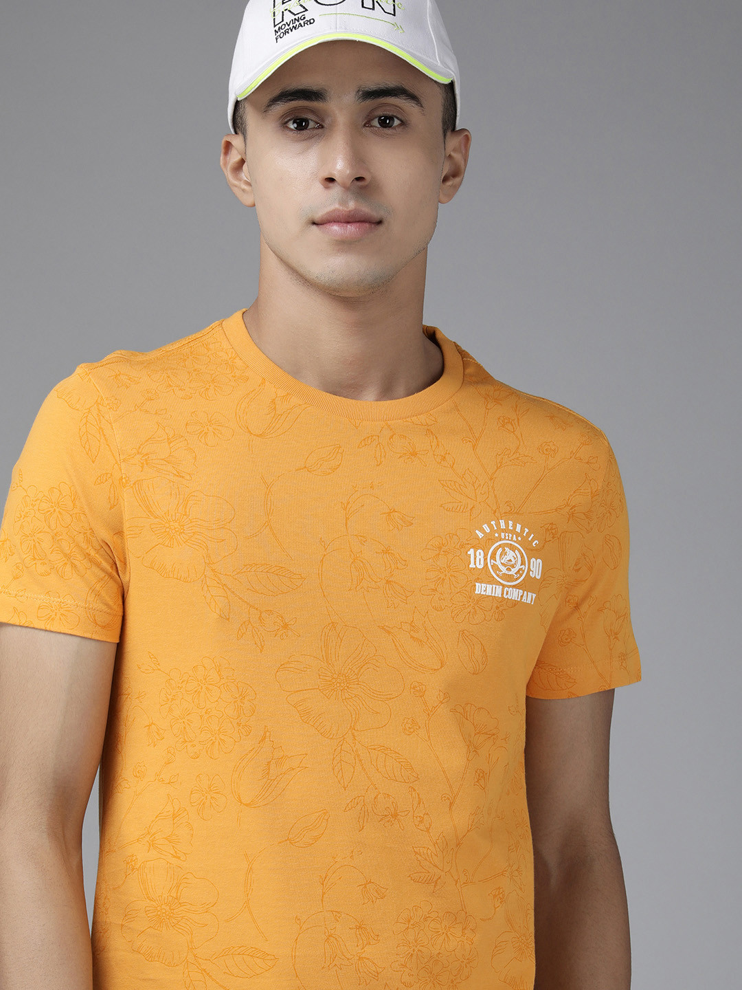 U S Polo Assn Denim Co Men Mustard Yellow Floral Printed Pure Cotton Slim Fit T-shirt