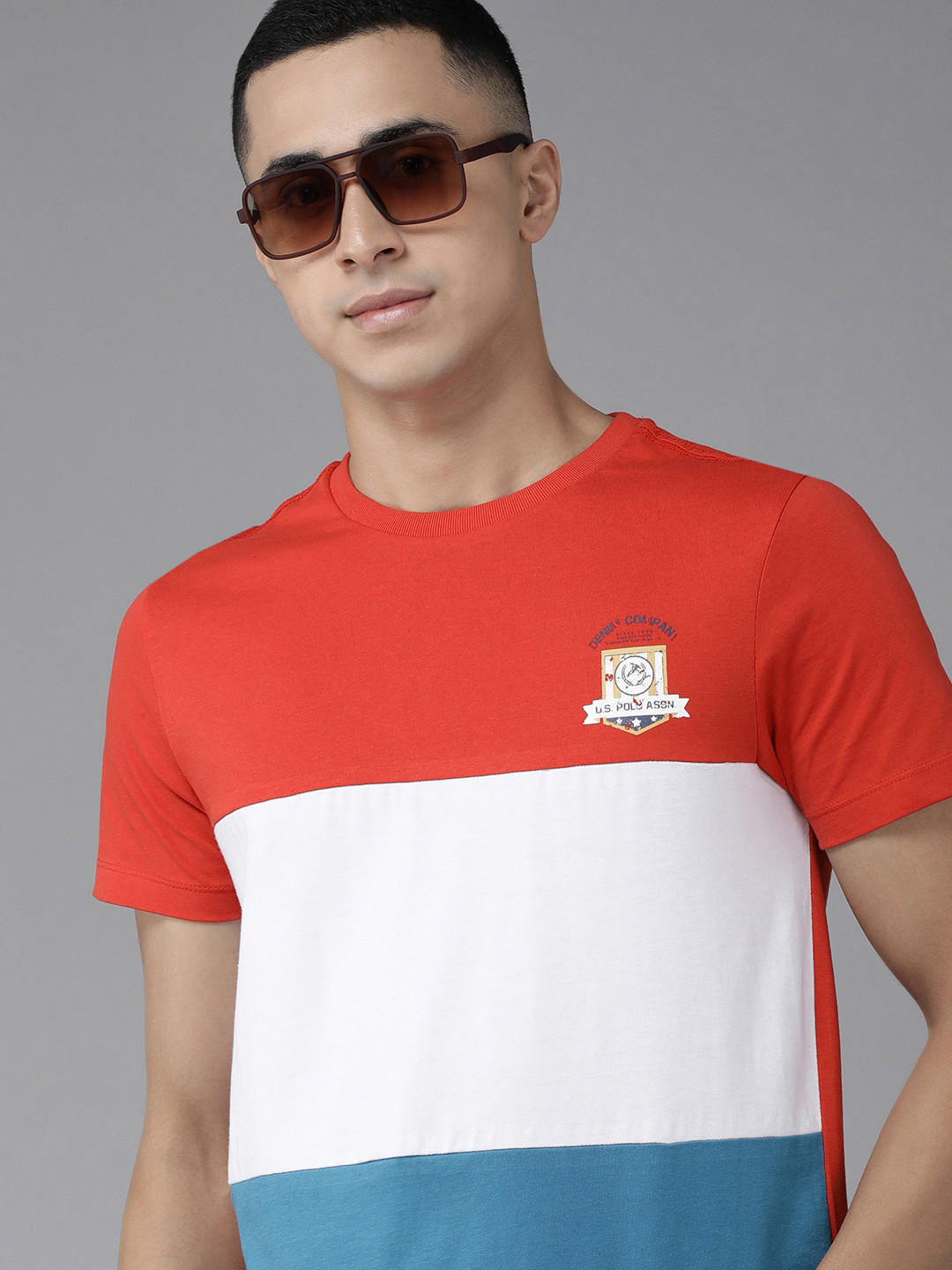 U S Polo Assn Denim Co Men Red & White Colourblocked Pure Cotton Slim Fit T-shirt
