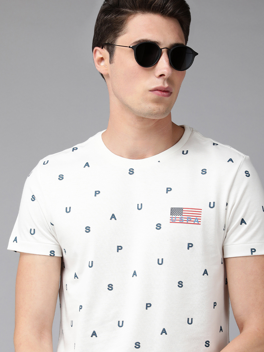 U S Polo Assn Denim Co Men White & Blue Typography Printed Pure Cotton Slim Fit T-shirt