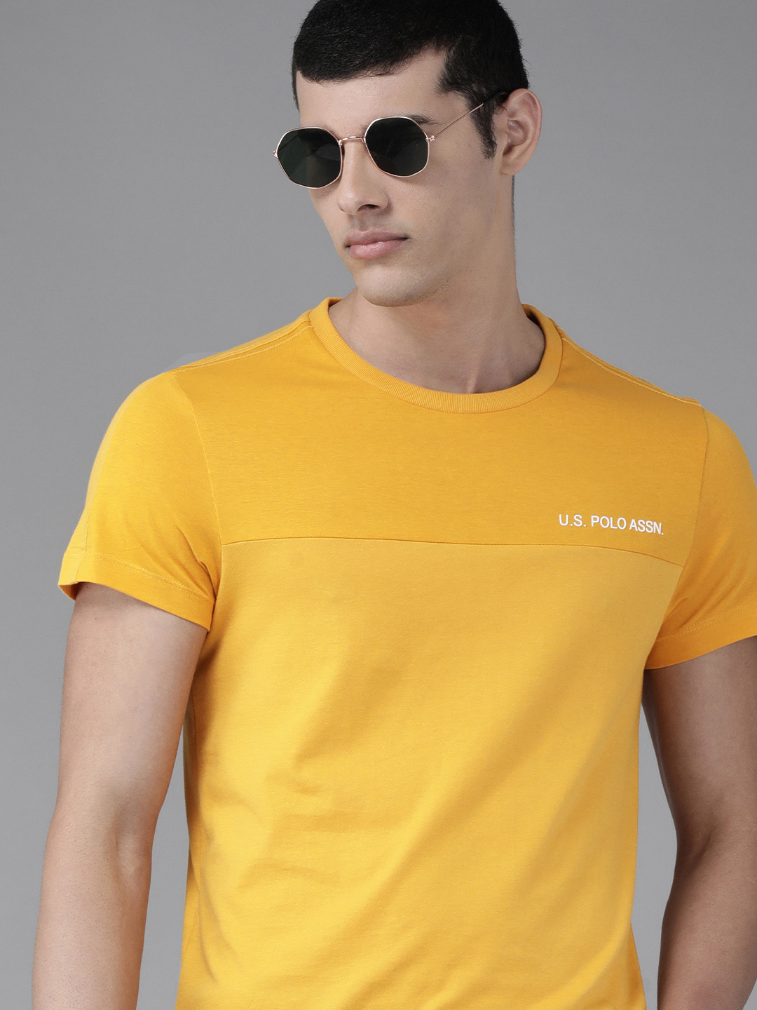 U S Polo Assn Denim Co Men Mustard Yellow Pure Cotton Applique Slim Fit T-shirt