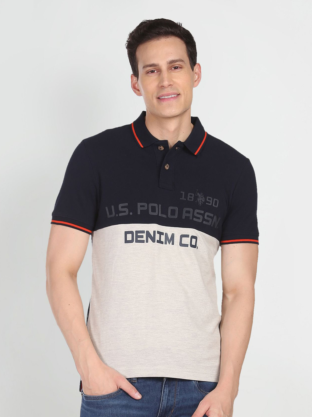U S Polo Assn Denim Co Men Navy Blue & Grey Melange Colourblocked Polo Collar Pure Cotton Slim Fit T-shirt