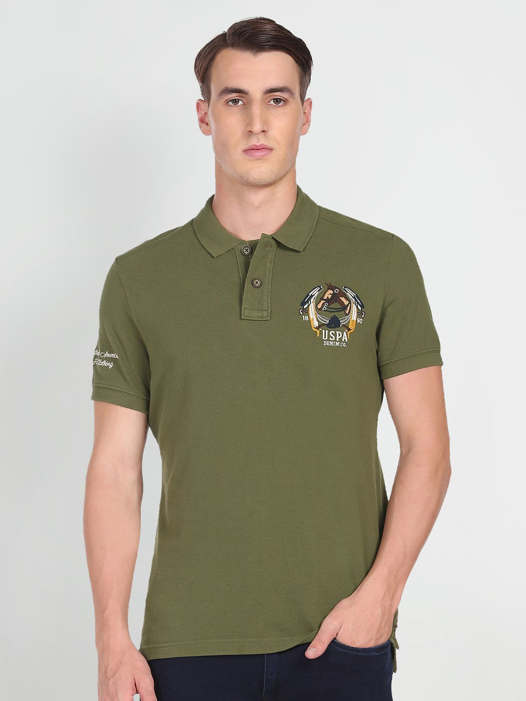 U.S. Polo Assn. Denim Co. Men Olive Green Polo Collar Pure Cotton Slim Fit T-shirt