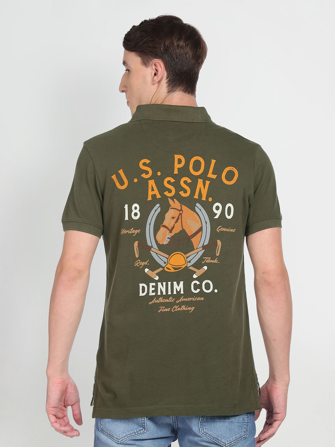 U.S. Polo Assn. Denim Co. Men Olive Green Polo Collar Pure Cotton Slim Fit T-shirt