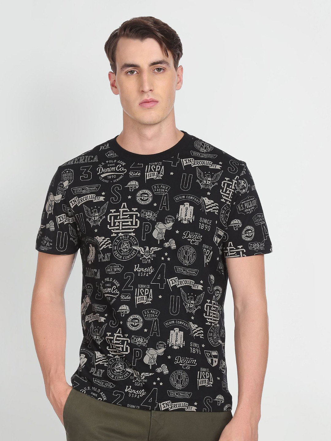 U S Polo Assn Denim Co Men Black & Beige Brand Logo Printed Pure Cotton Slim Fit T-shirt