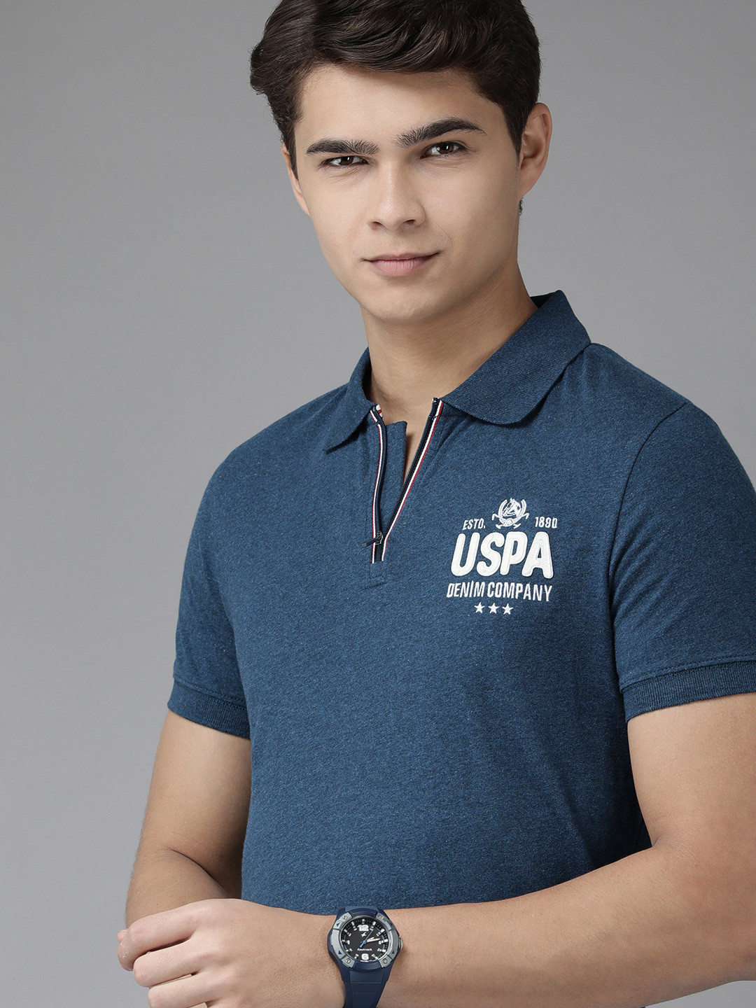 U.S. Polo Assn. Denim Co. Men Navy Blue Polo Collar Indigo Pure Cotton Slim Fit T-shirt