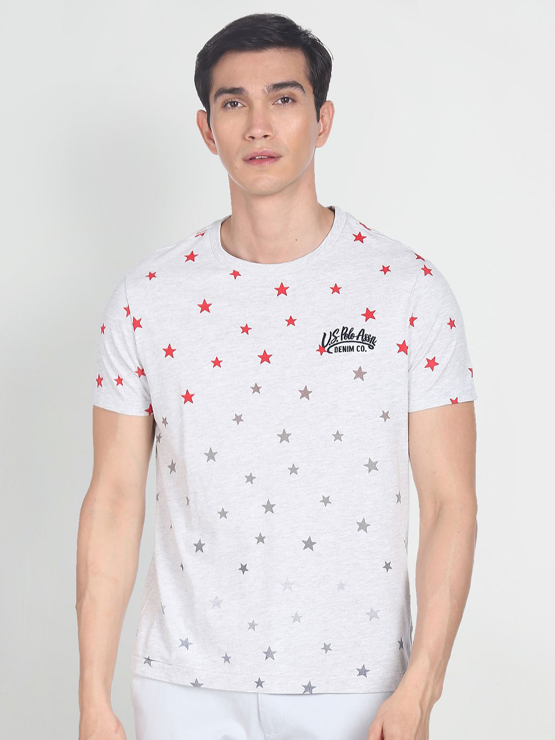 U.S. Polo Assn. Denim Co. Men Grey Melange Printed Slim Fit T-shirt