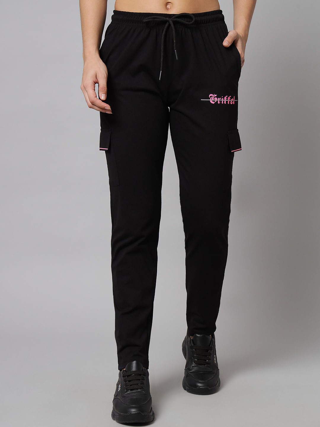 GRIFFEL Women Black Solid Cotton Track Pants