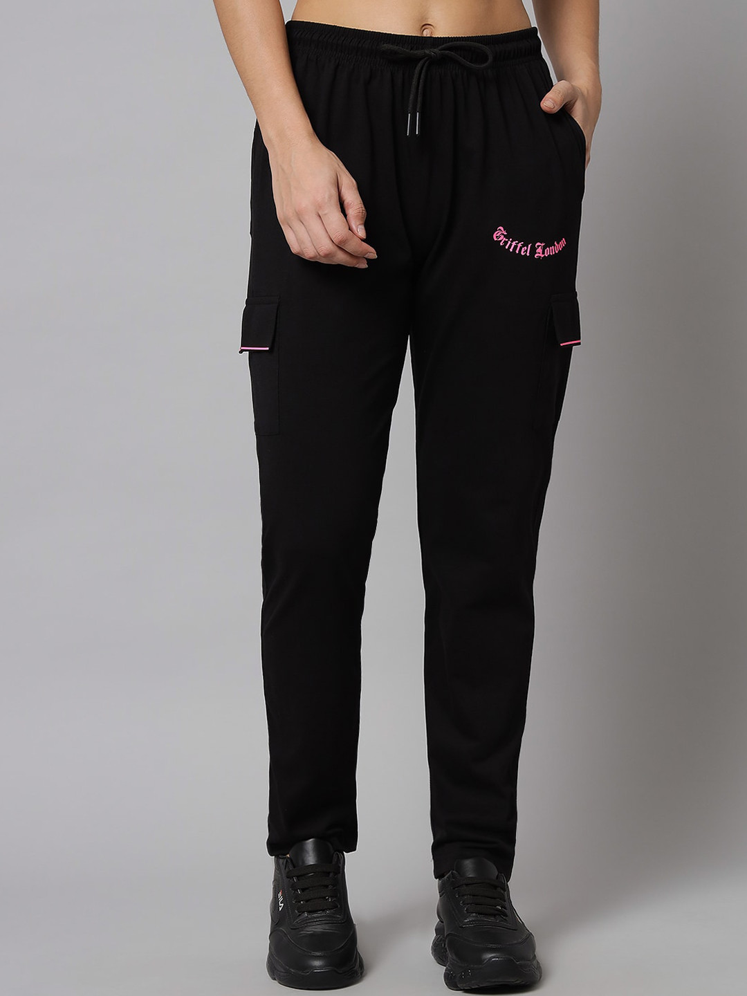 GRIFFEL Women Black Solid Cotton Track Pant