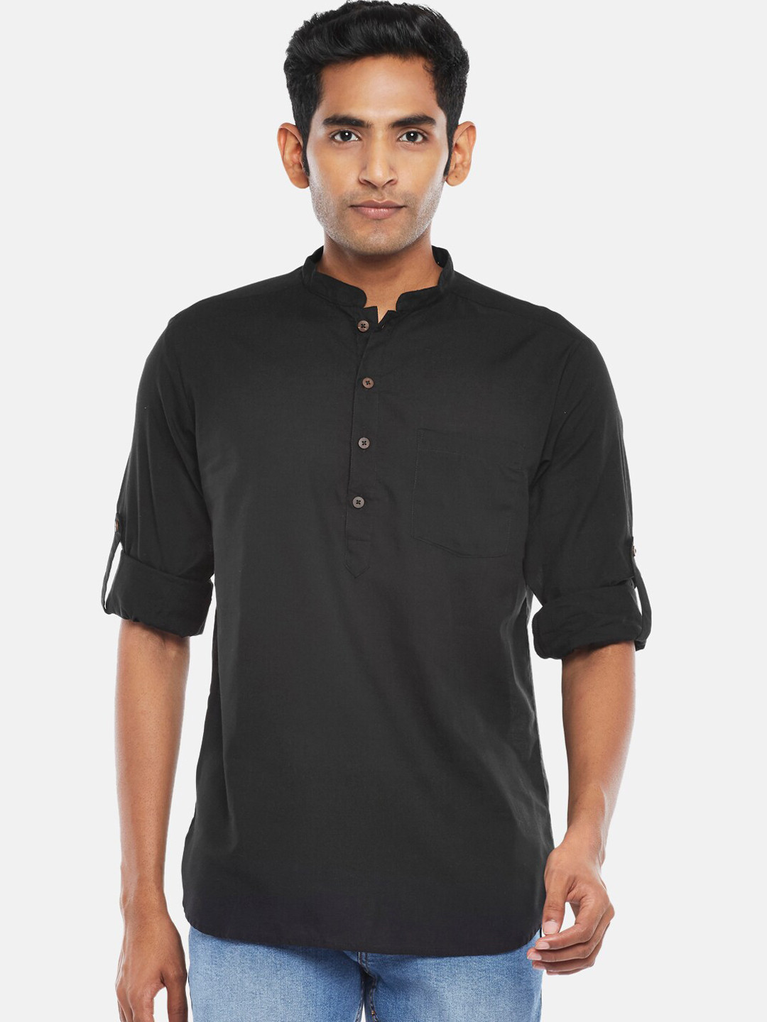 indus route by Pantaloons Men Black Roll-up Sleeves Kurta