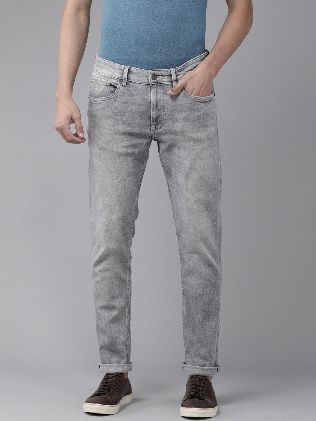 U S Polo Assn Denim Co Men Grey Slim Fit Mildly Distressed Light Fade Stretchable Jeans