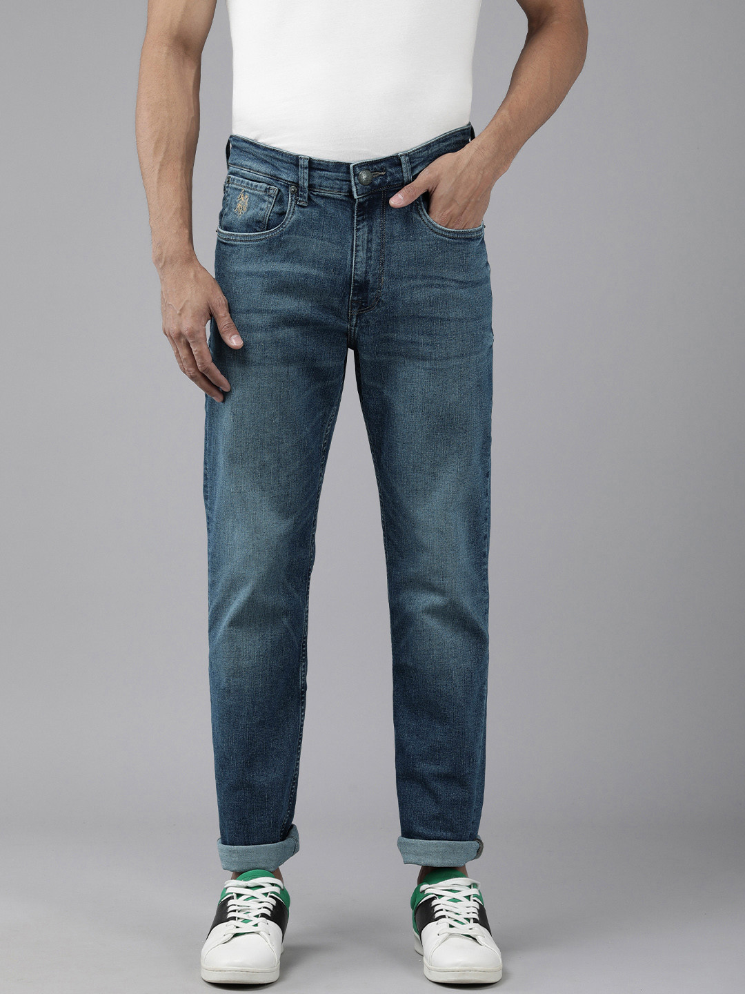 U S Polo Assn Denim Co Men Blue Harold Slim Straight Fit Heavy Fade Stretchable Jeans