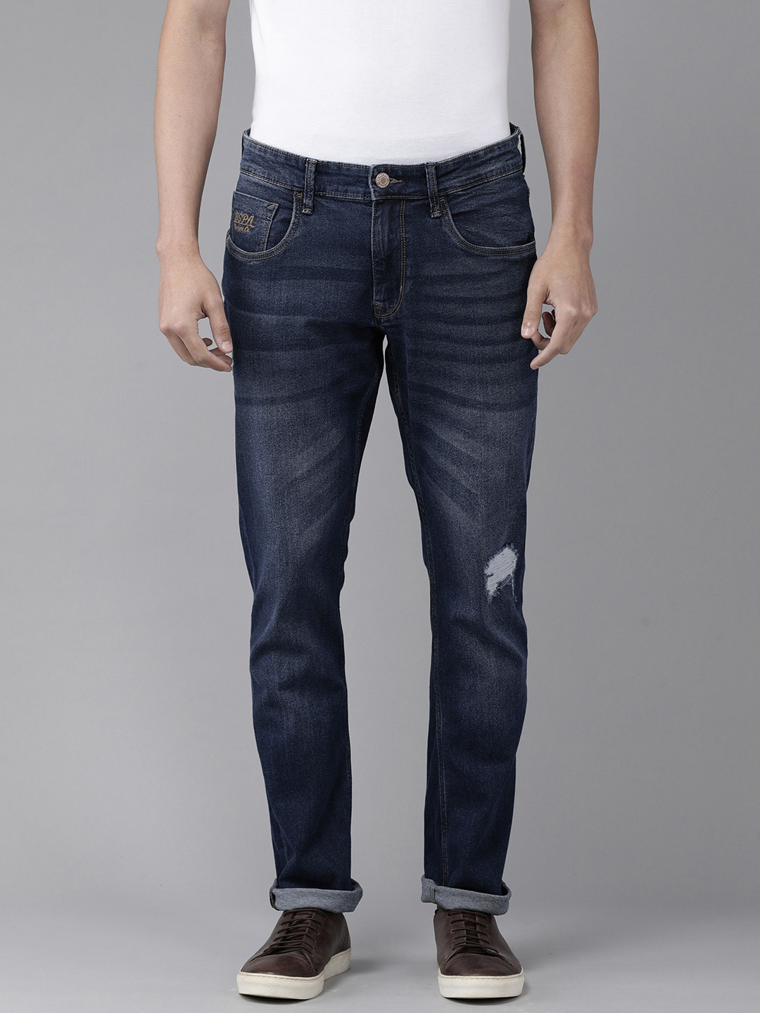 U S Polo Assn Denim Co Men Blue Slim Fit Low Distress Light Fade Stretchable Jeans