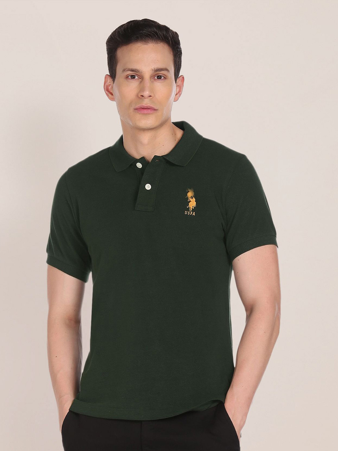 U S Polo Assn Men Green Brand Logo Embroidered Pure Cotton Polo Collar Slim Fit T-shirt
