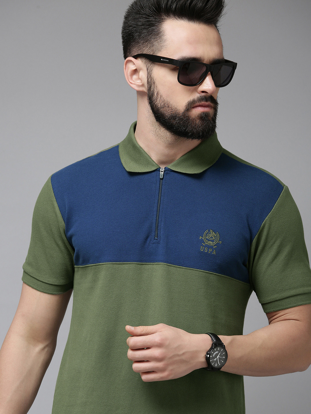 U S Polo Assn Men Olive & Blue Colourblocked Polo Collar Slim Fit Pure Cotton T-shirt