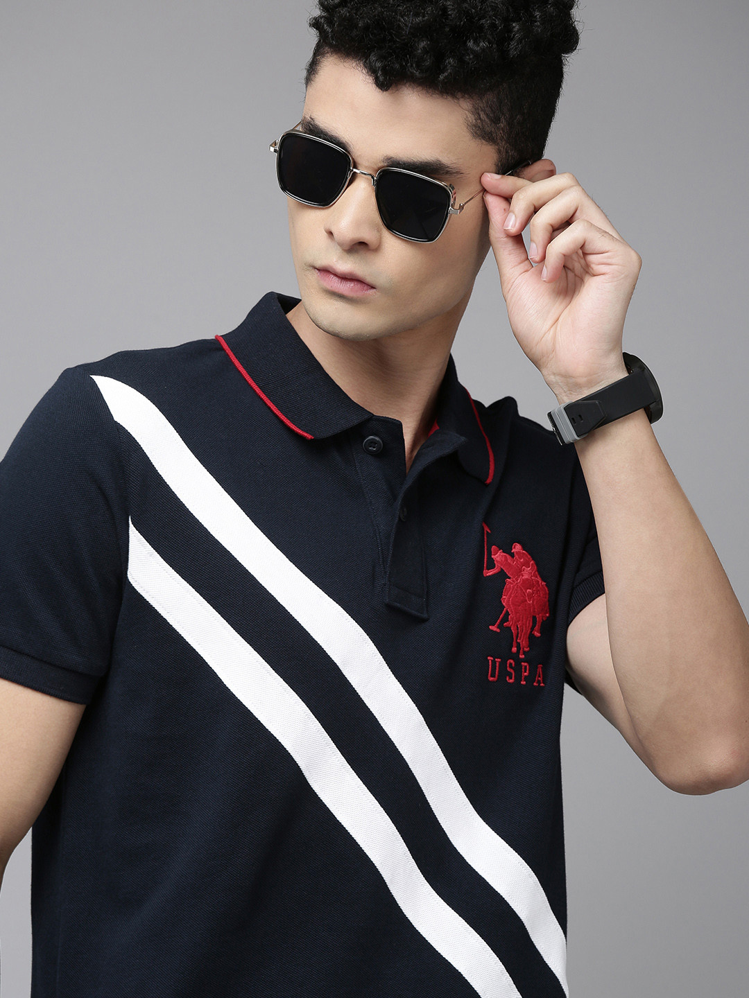 U S Polo Assn Men Navy Blue & White Striped Polo Collar Pure Cotton Slim Fit T-shirt