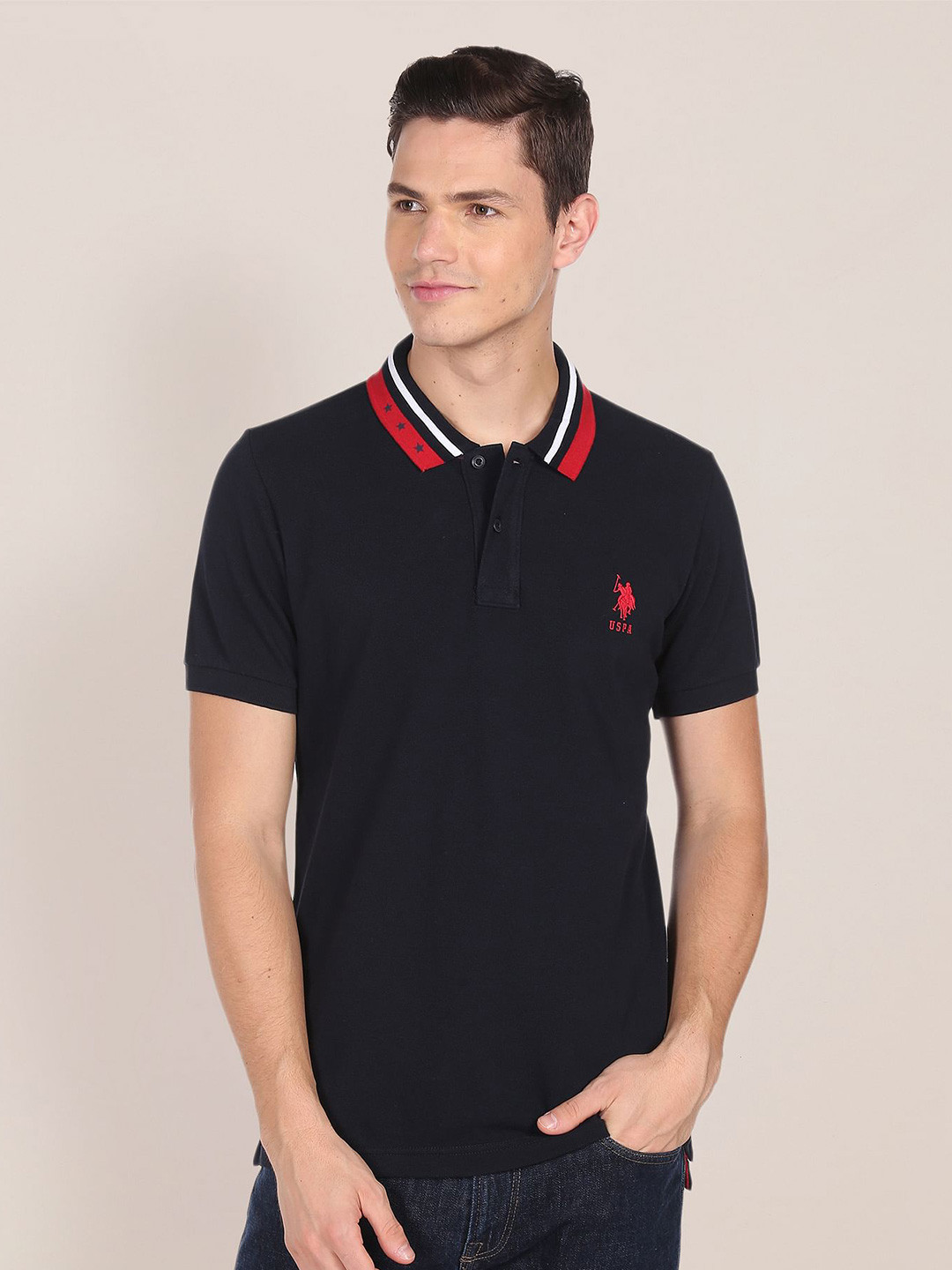 U S Polo Assn Men Navy Blue Brand Logo Embroidered Pure Cotton Slim Fit Polo T-shirt