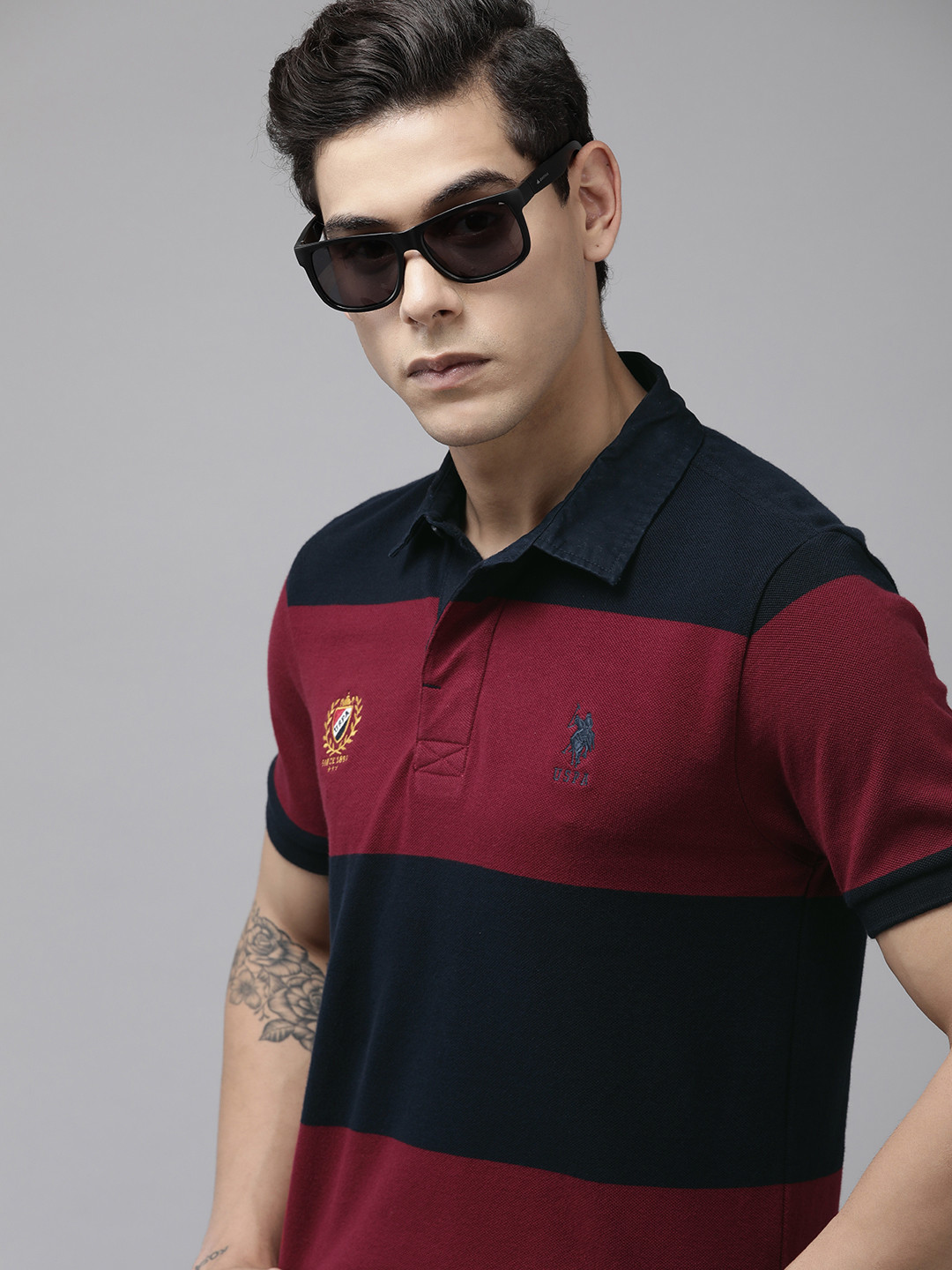 U.S. Polo Assn. Men Red & Navy Blue Block Stripes Polo Collar Pure Cotton Slim Fit T-shirt