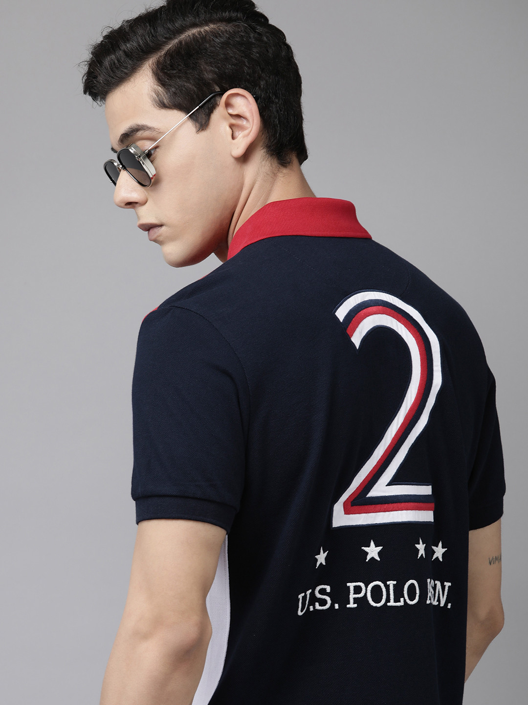 U.S. Polo Assn. Men Navy Blue & Red Alphanumeric Back Self Design Pure Cotton T-shirt