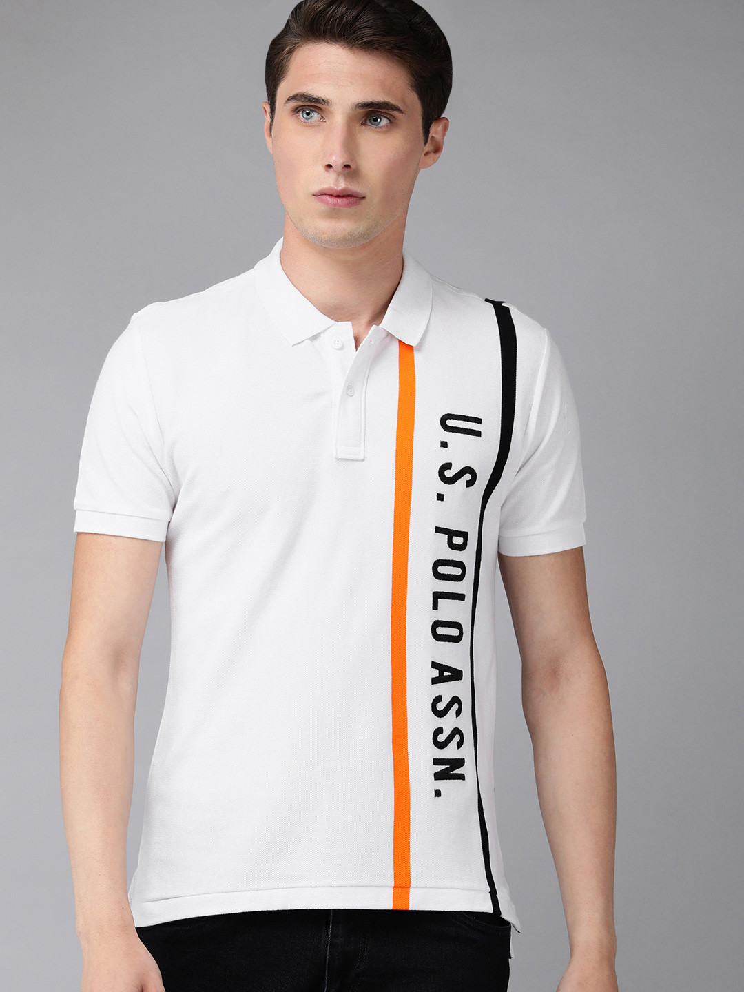 U S Polo Assn Men White Brand Logo Printed Polo Collar Pure Cotton Slim Fit T-shirt